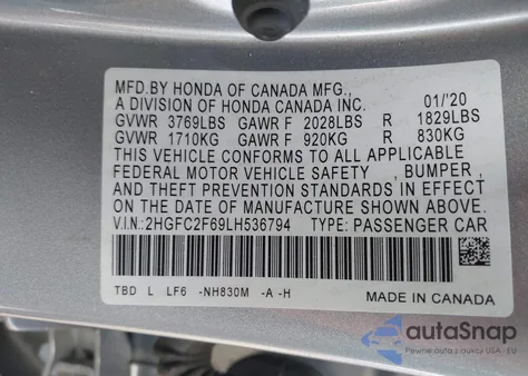 2020 Honda Civic Lx из США, поврежденный, VIN 2HGFC2F69LH536794